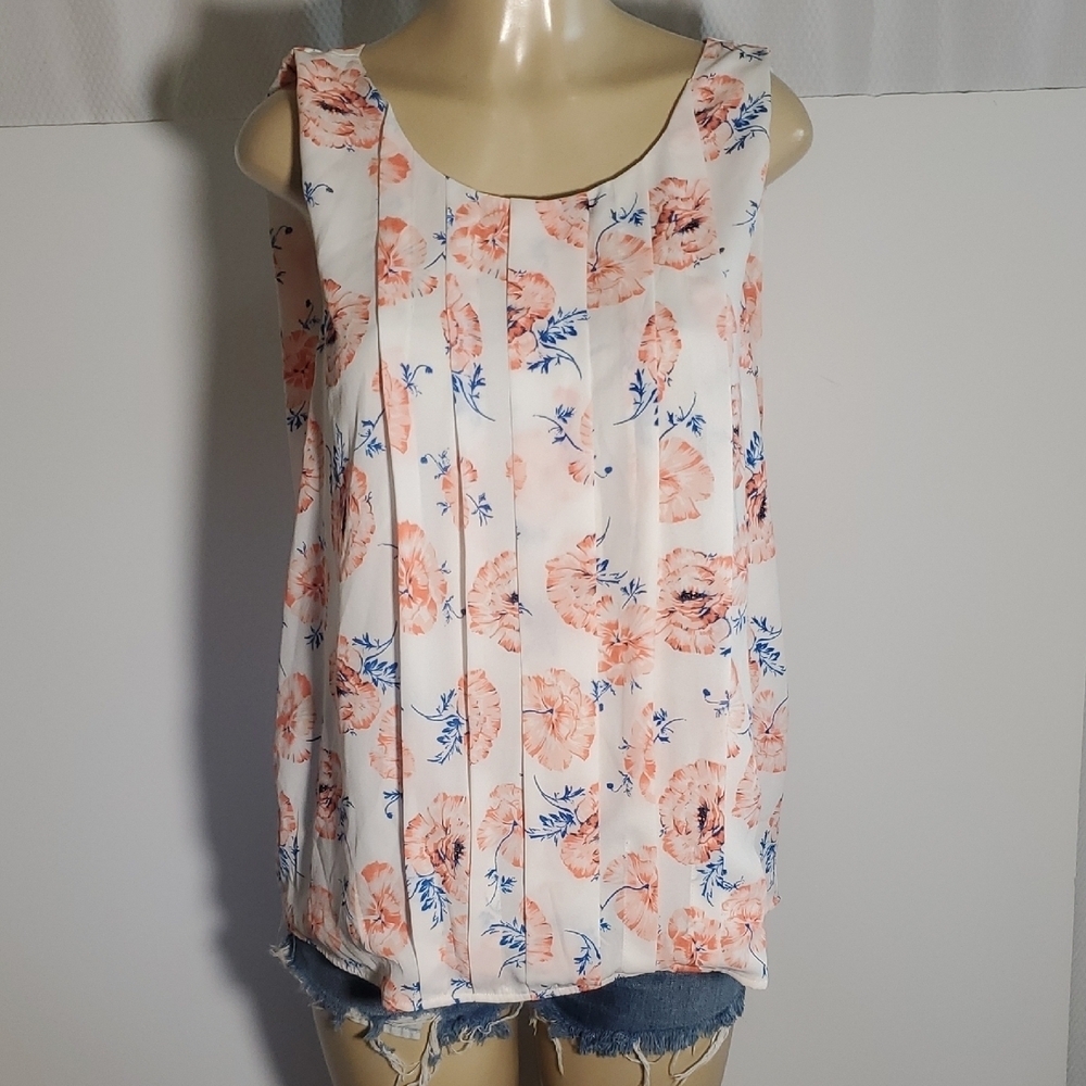 Anthropologie Meadow Rue Floral Sleeveless Top White and Pink Size L